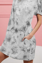 BiBi Puff Sleeve With Side Pockets Tie Dye Dress OutfitFlow