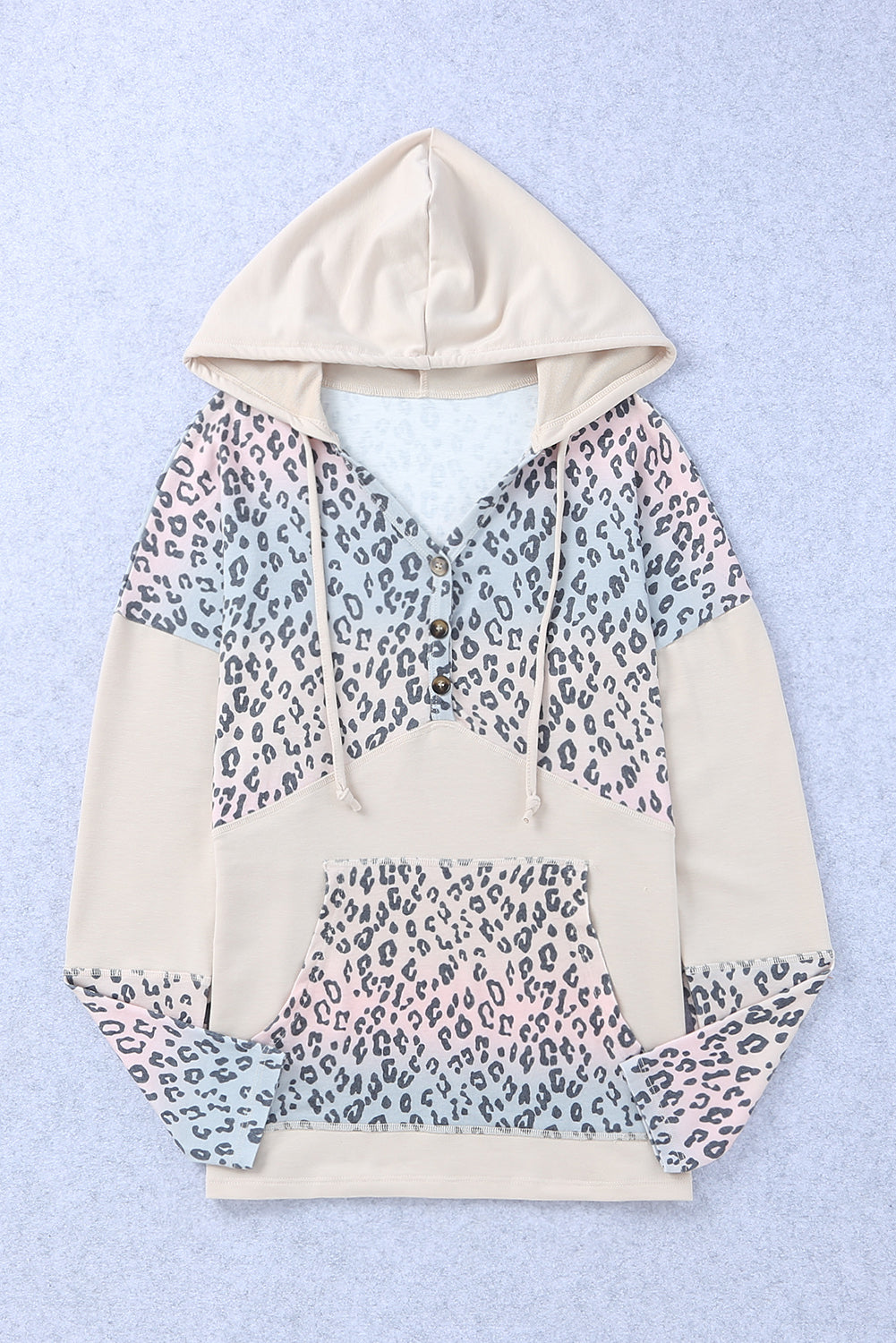 Outfit Flow - Leopard Color Block Buttoned Drawstring Detail Hoodie