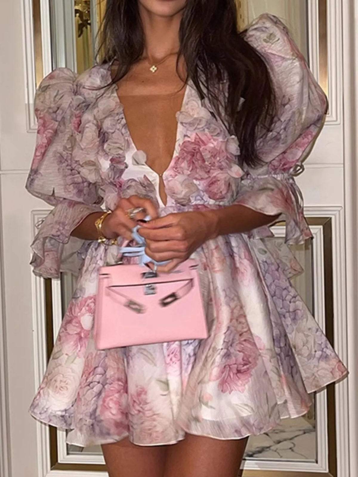 Floral Print Ruffled Mini Dress with Deep V-Neck Pink OutfitFlow