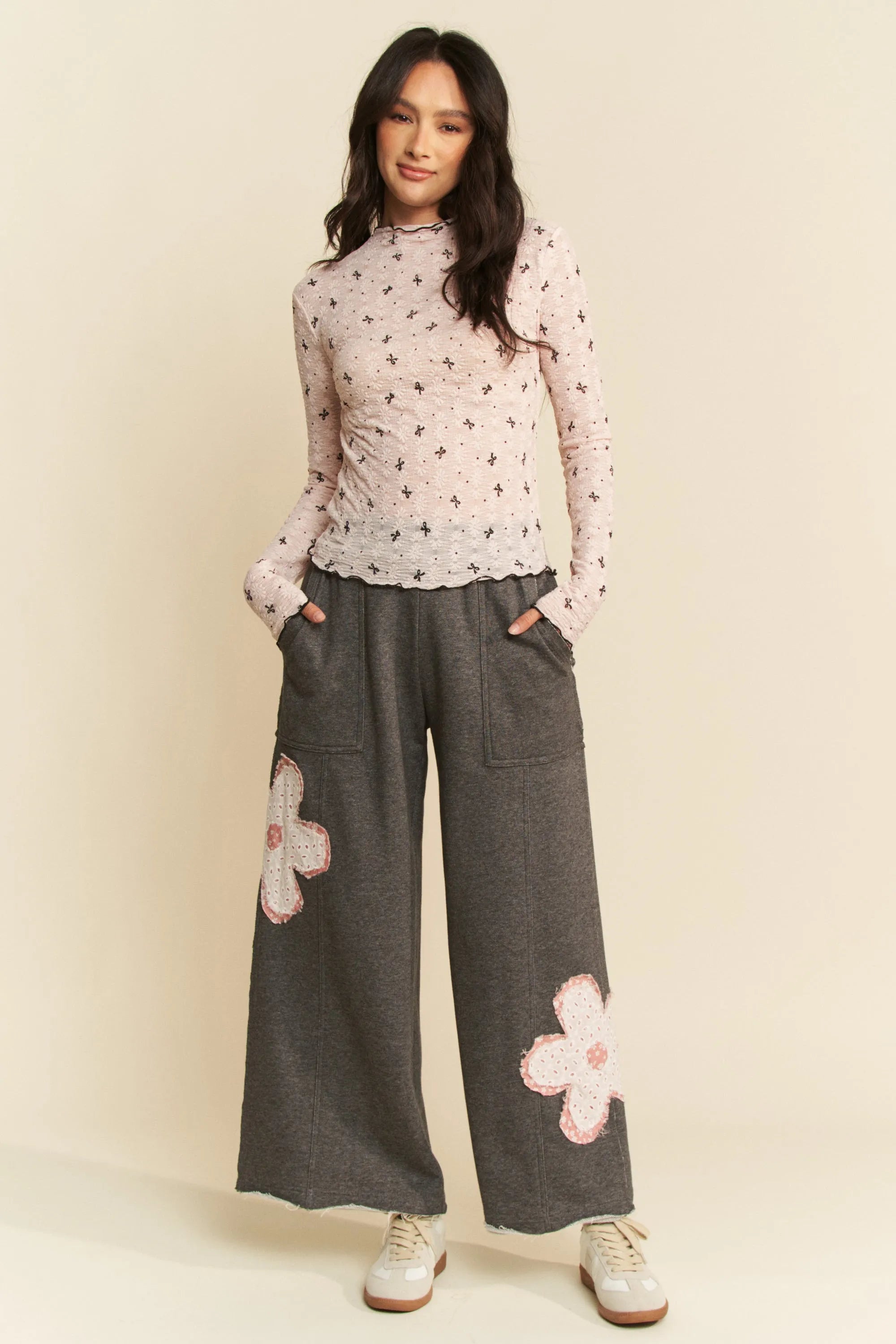 Davi & Dani Ribbon Bow Lace Hem Long Sleeve Mesh Layering Top OutfitFlow