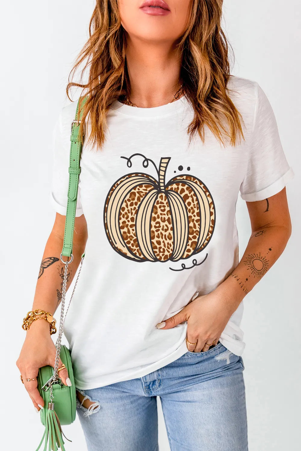 Pumpkin Round Neck Short Sleeve T-Shirt White OutfitFlow