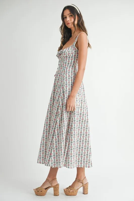 MABLE Floral Print Bustier Back Lace Up Midi Dress OutfitFlow