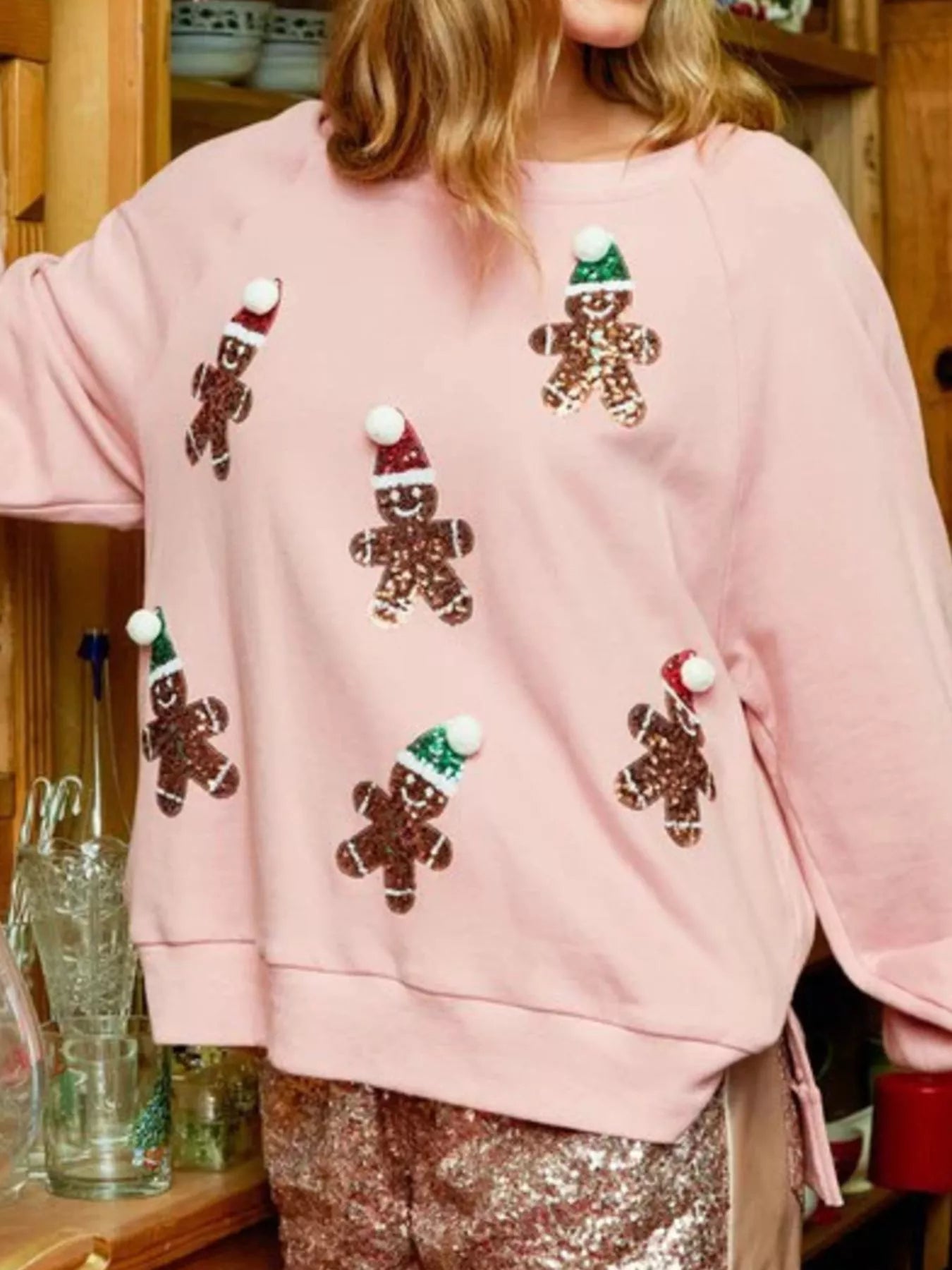 Christmas Sequin Gingerbread Round Neck Sweatshirt Pink OutfitFlow