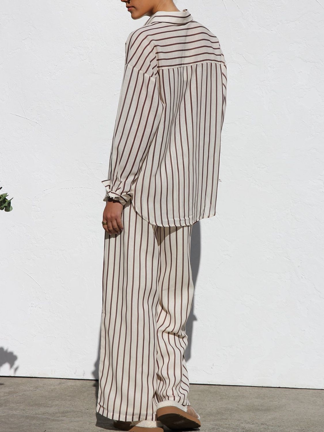 Outfit Flow - Striped Collared Neck Long Sleeve Top and Pants Set