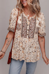 Boho Floral Print Half Placket Short Sleeve Loose Blouse OutfitFlow