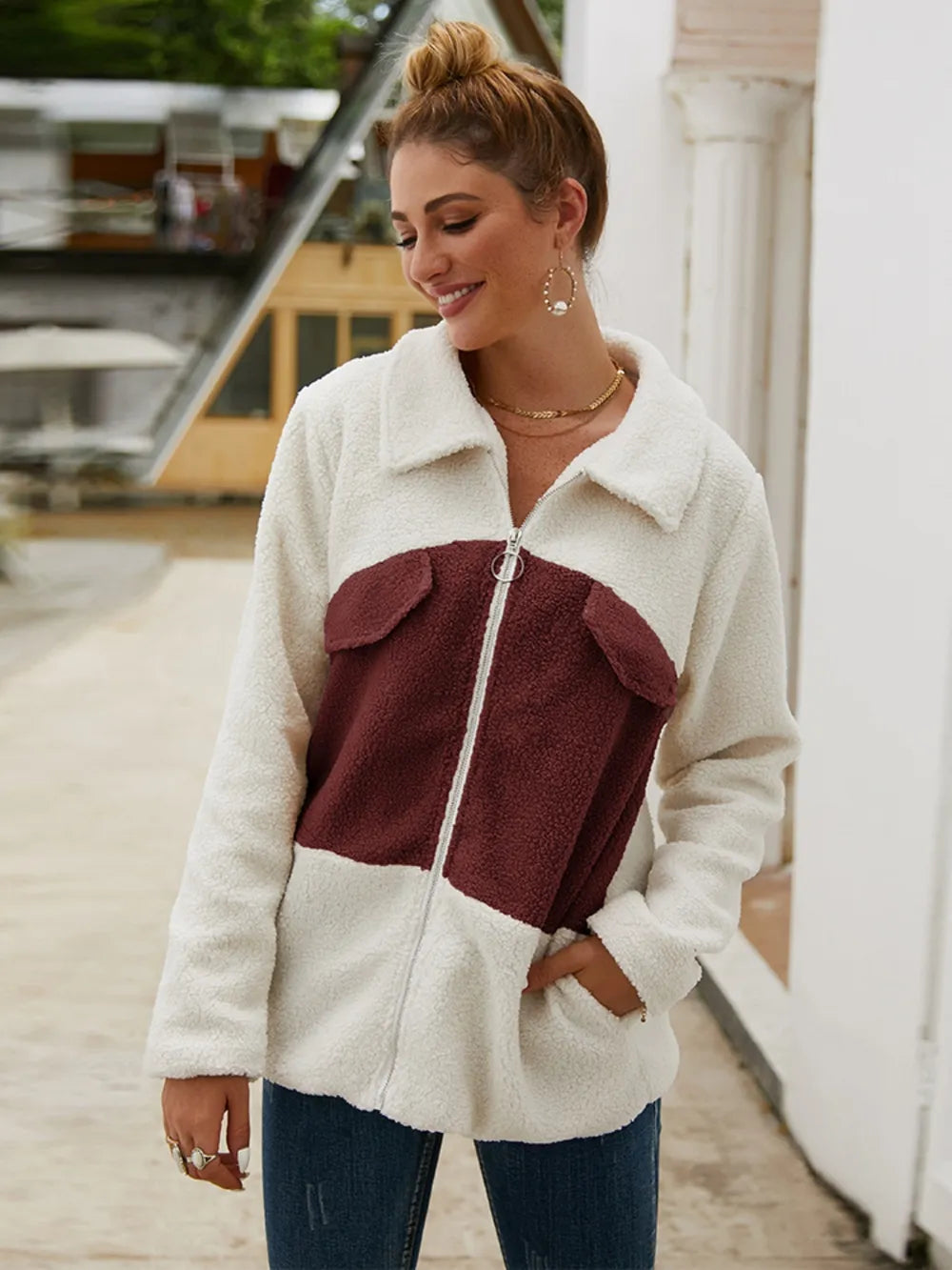 Ivy Lane Plush Contrast Zip Up Coat Burgundy Trendsi