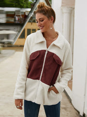 Ivy Lane Plush Contrast Zip Up Coat Burgundy Trendsi
