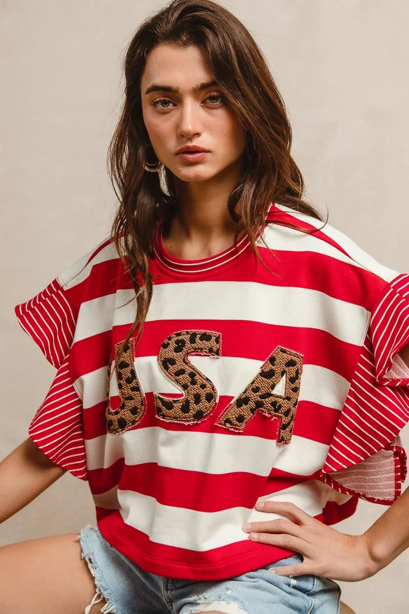 BiBi Stripe Mixed Ruffle Sleeve Top With Leopard Letter OutfitFlow