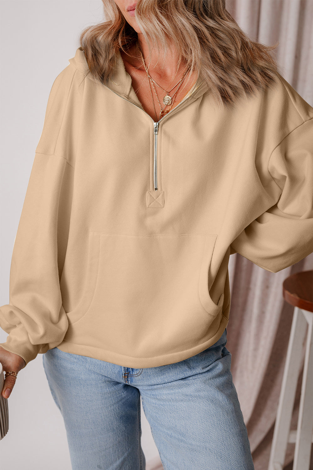 Pocketed Half Zip Dropped Shoulder Hoodie Tan OutfitFlow