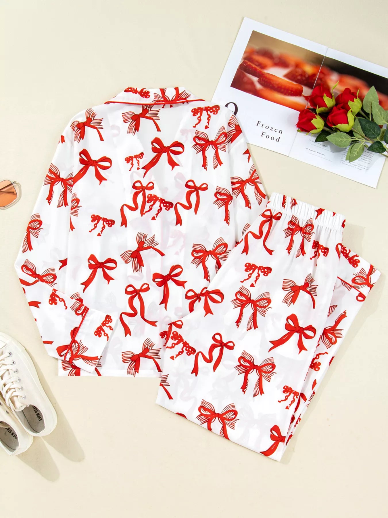 Christmas Bow Print Top and Pants 2pcs Pajama Set OutfitFlow