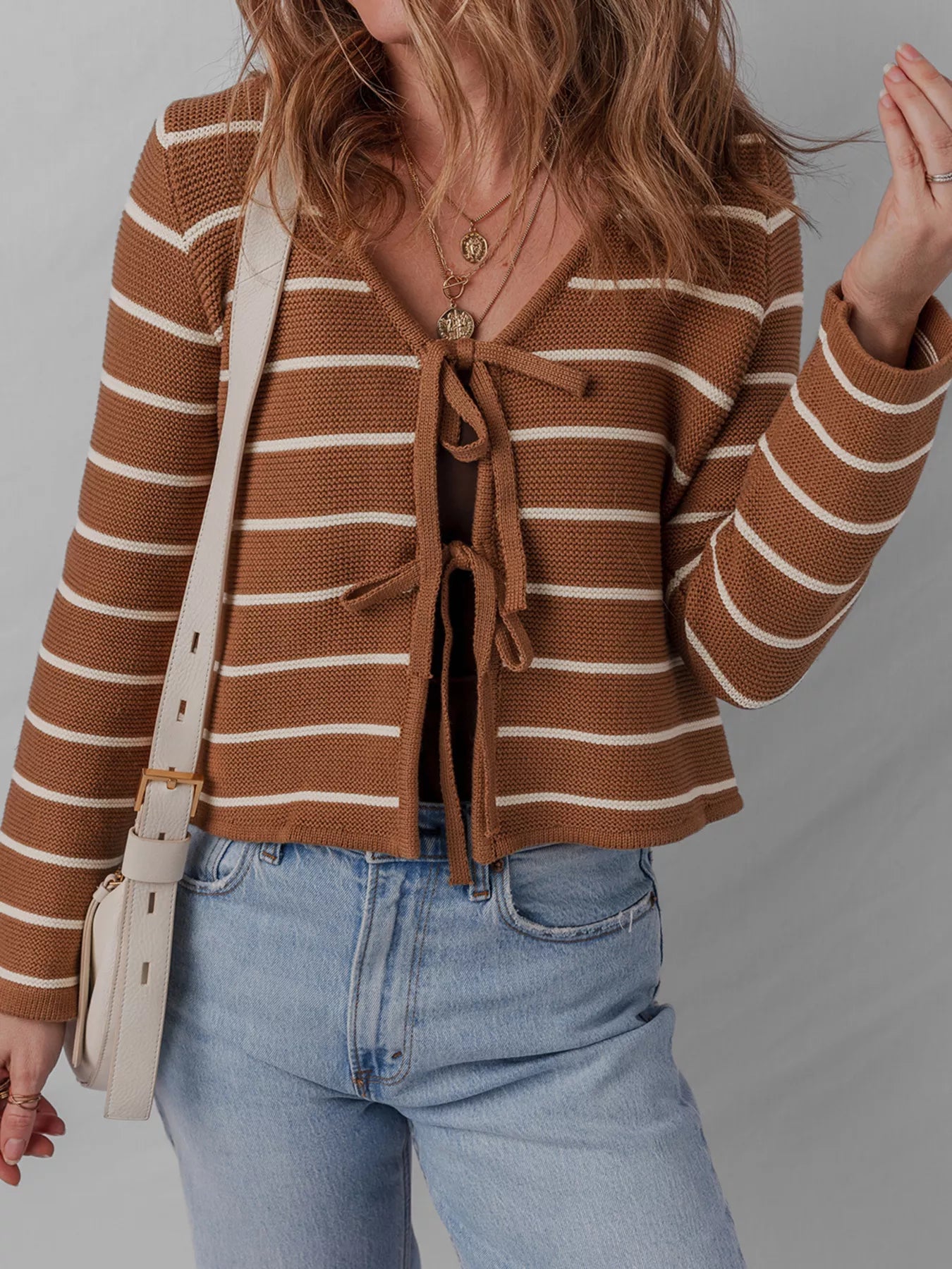 Tie Front Striped Knit V Neck Cardigan OutfitFlow
