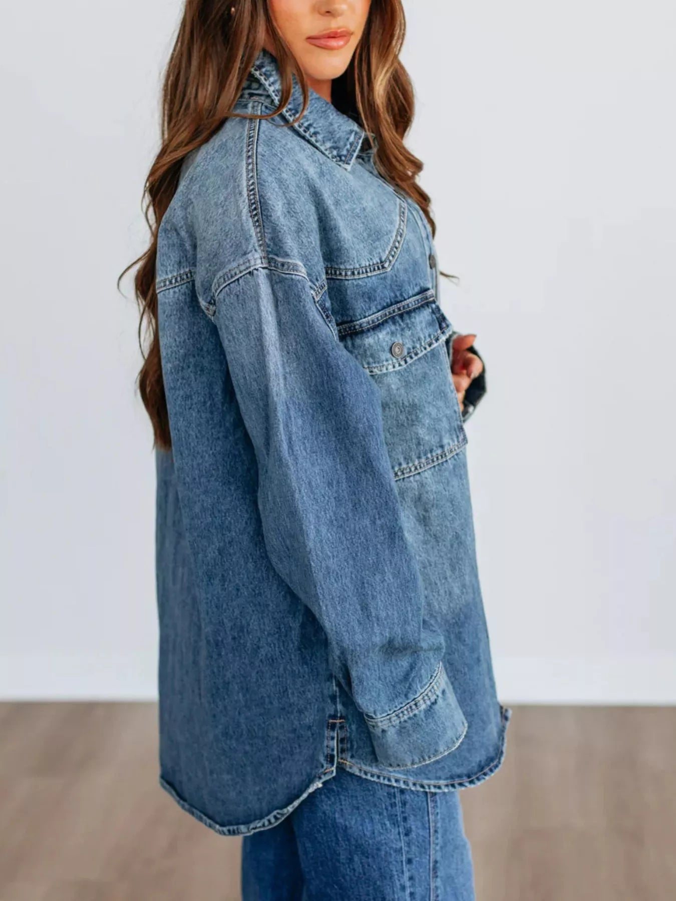 Snap Down Dropped Shoulder Denim Jacket OutfitFlow