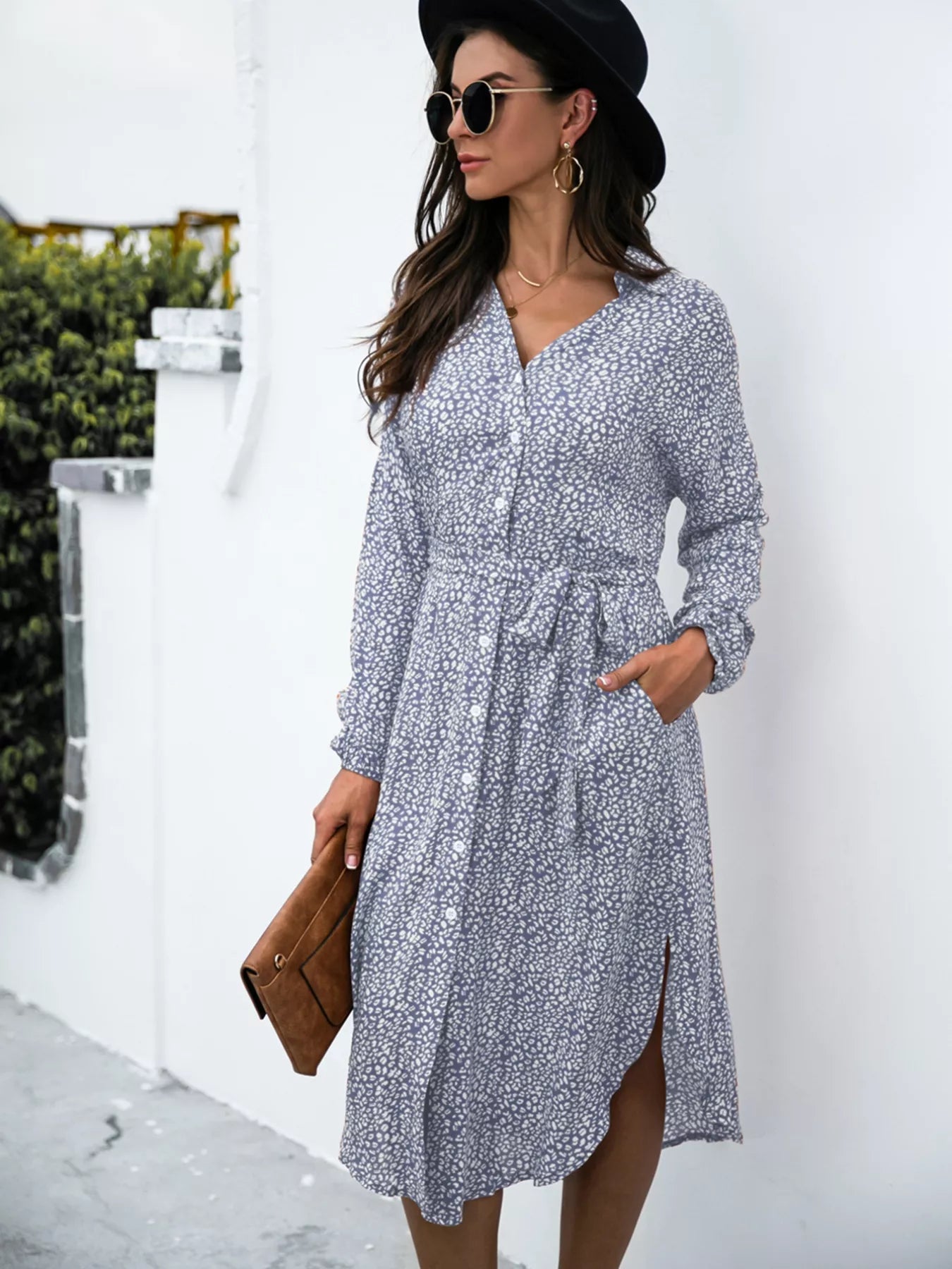 Button Down Printed Long Sleeve Shirt Dress Navy OutfitFlow