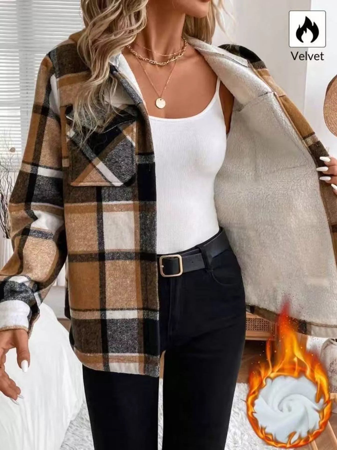 Hooded Plaid Button Up Jacket Trendsi