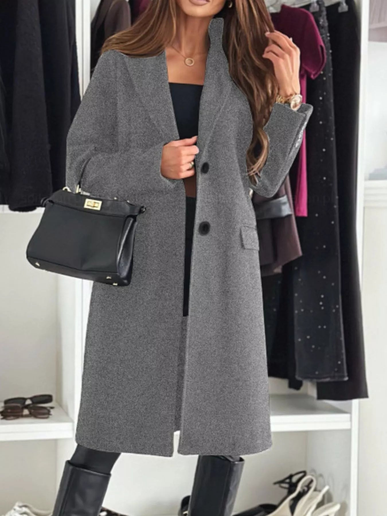 Lapel Collar Long Sleeve Coat Gray OutfitFlow