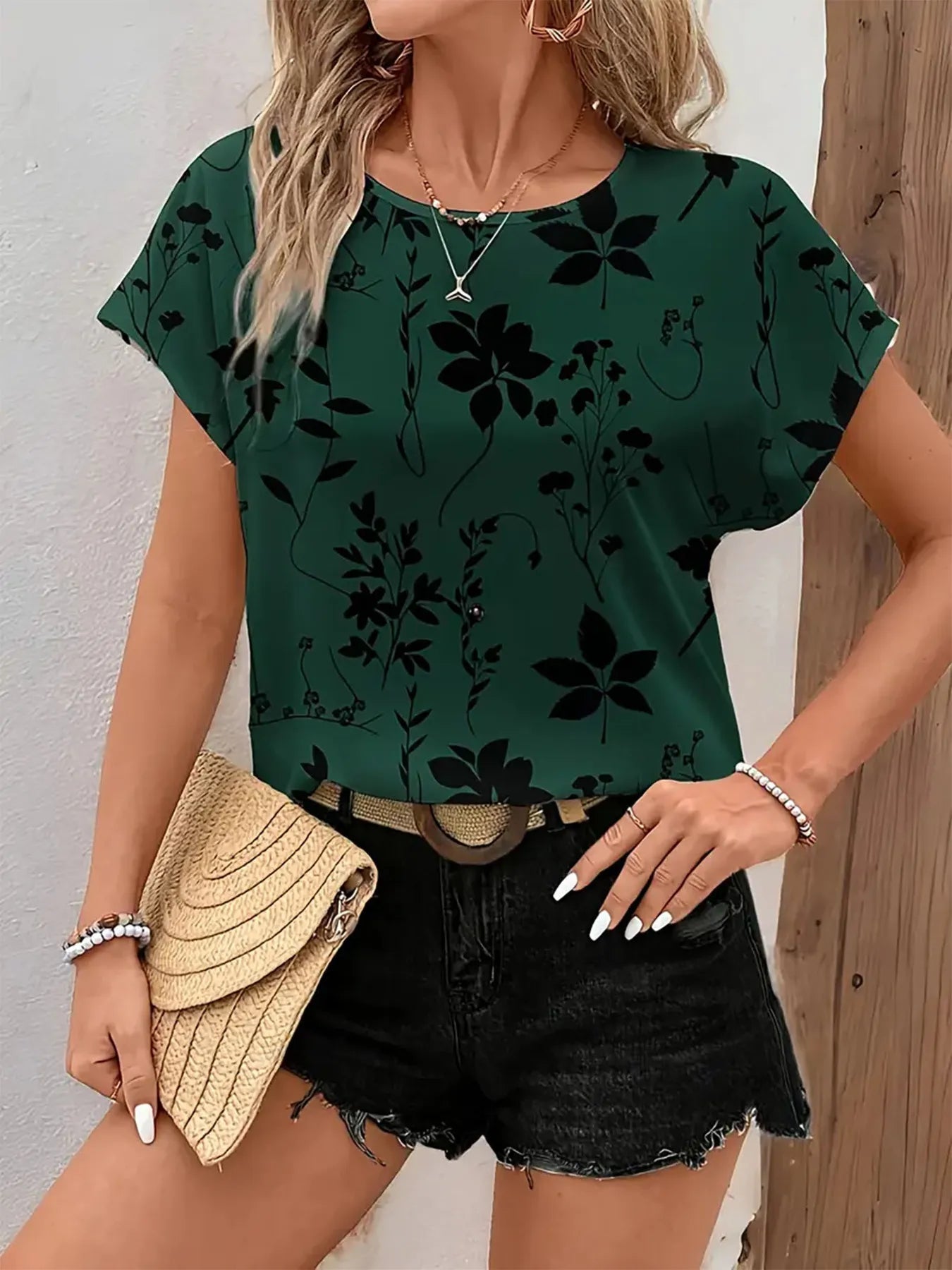 Printed Round Neck Short Sleeve Blouse Green OutfitFlow