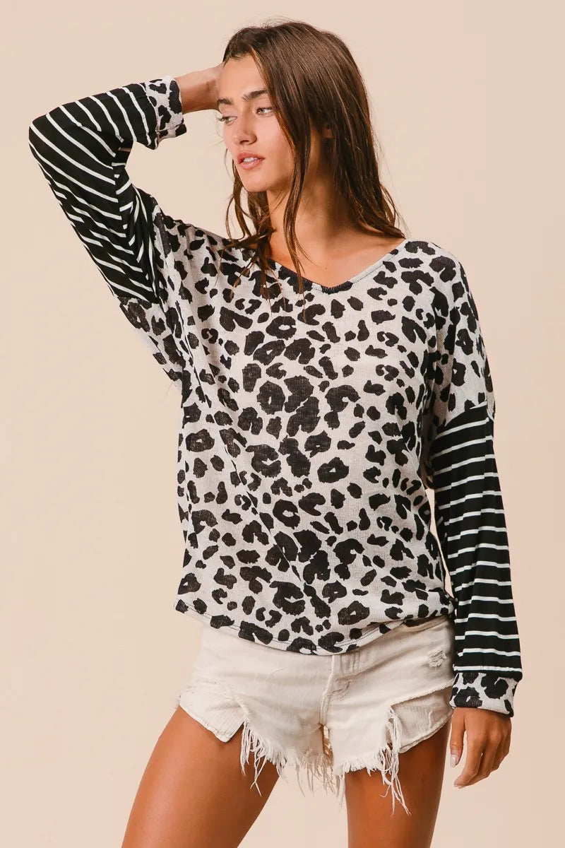BiBi Leopard Hacci Knit Twist Back Top With Stripe Sleeve OutfitFlow