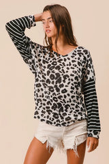 BiBi Leopard Hacci Knit Twist Back Top With Stripe Sleeve OutfitFlow