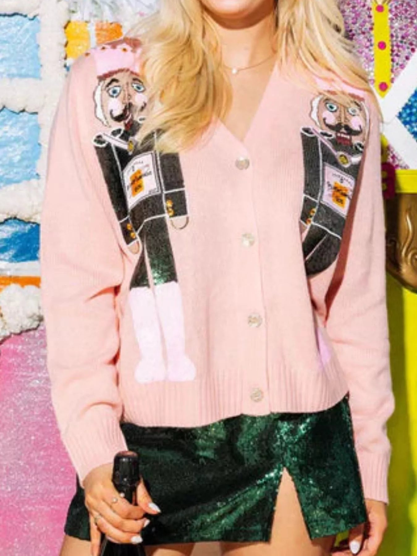 Nutcracker Ribbed Hem V-Neck Cardigan Trendsi