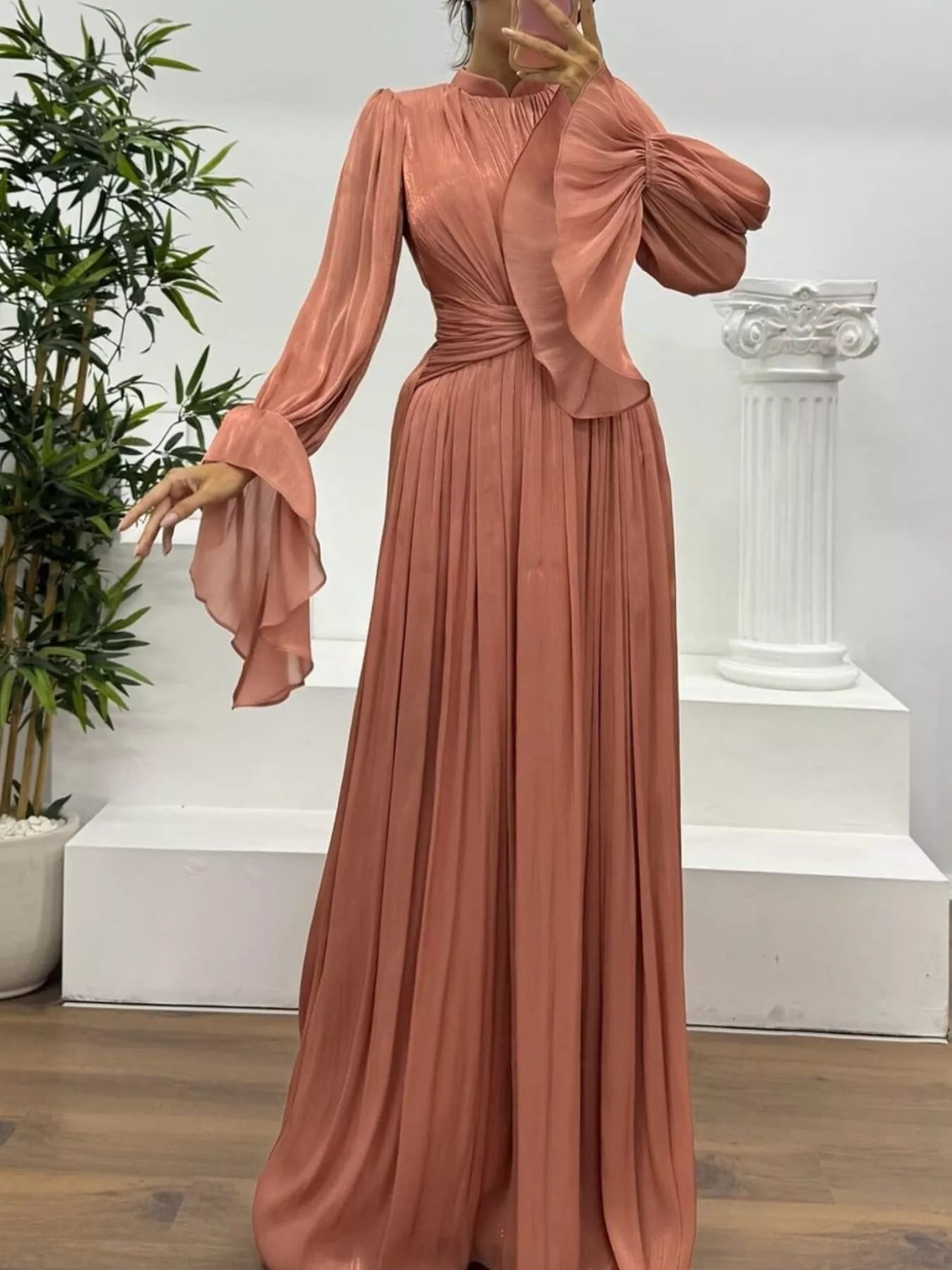 Pleated Mock Neck Long Sleeve Maxi Dress Red OutfitFlow