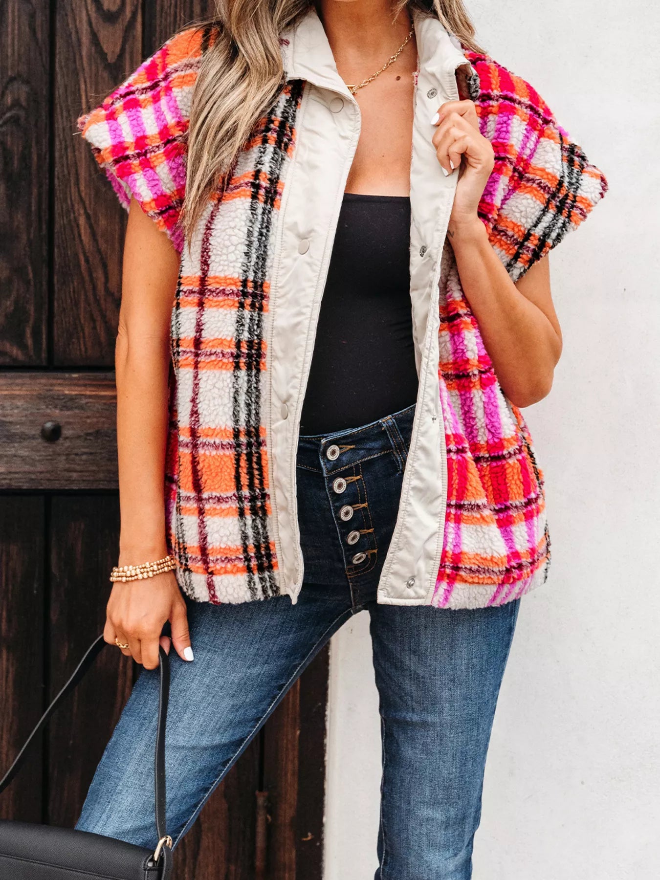 Sherpa Plaid Snap Down Vest Coat Trendsi