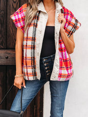 Sherpa Plaid Snap Down Vest Coat Trendsi