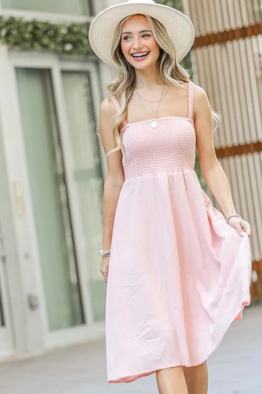 And The Why Smocking Open-Back Sleeveless Midi Dress OutfitFlow