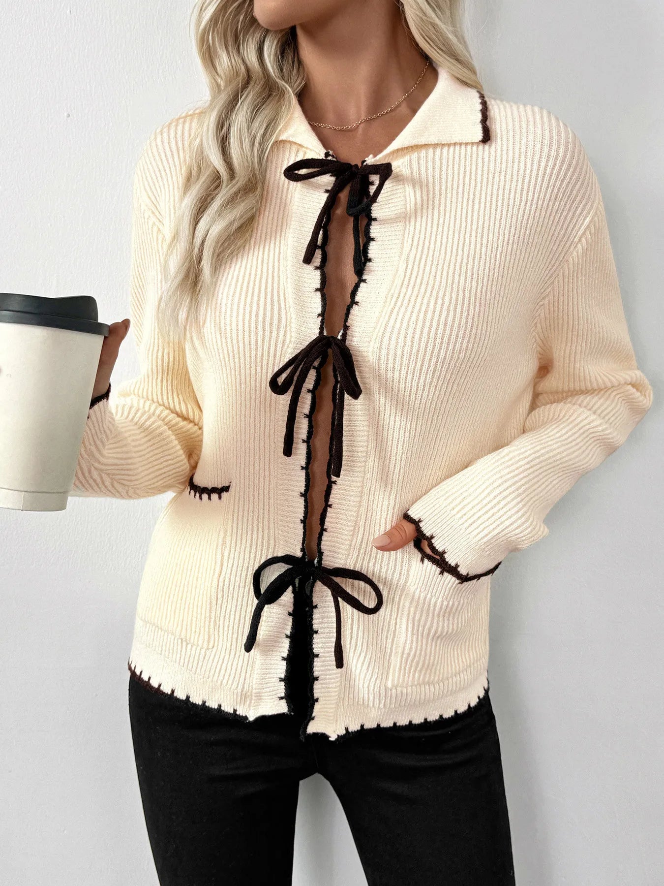 Tie Front Long Sleeve Cardigan OutfitFlow