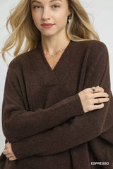 Umgee V-Neck Sweater with Wide Trim Detail OutfitFlow