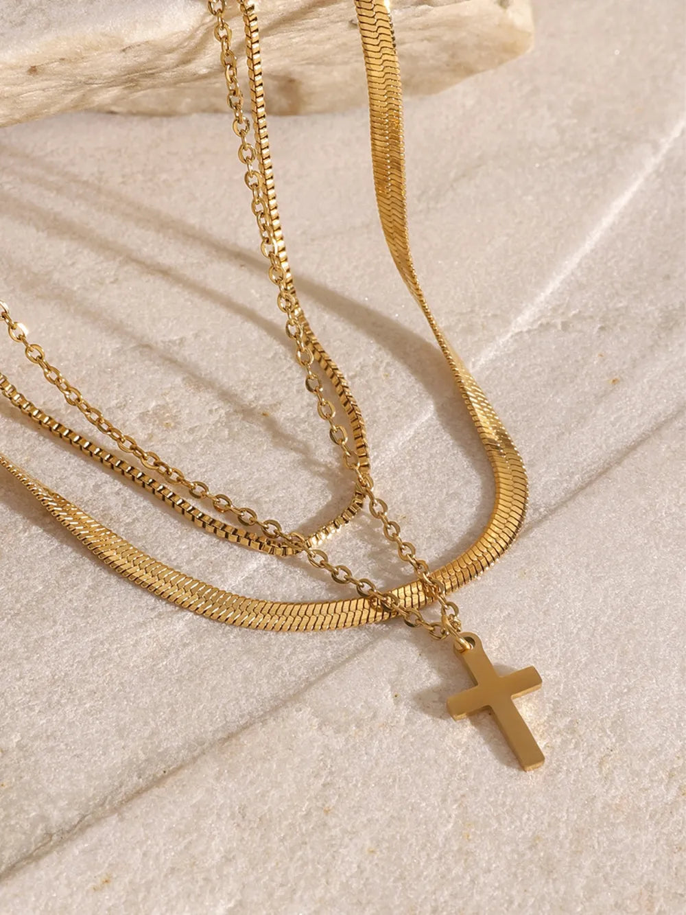 18K Gold-Plated Three-Layered Cross Necklace OutfitFlow