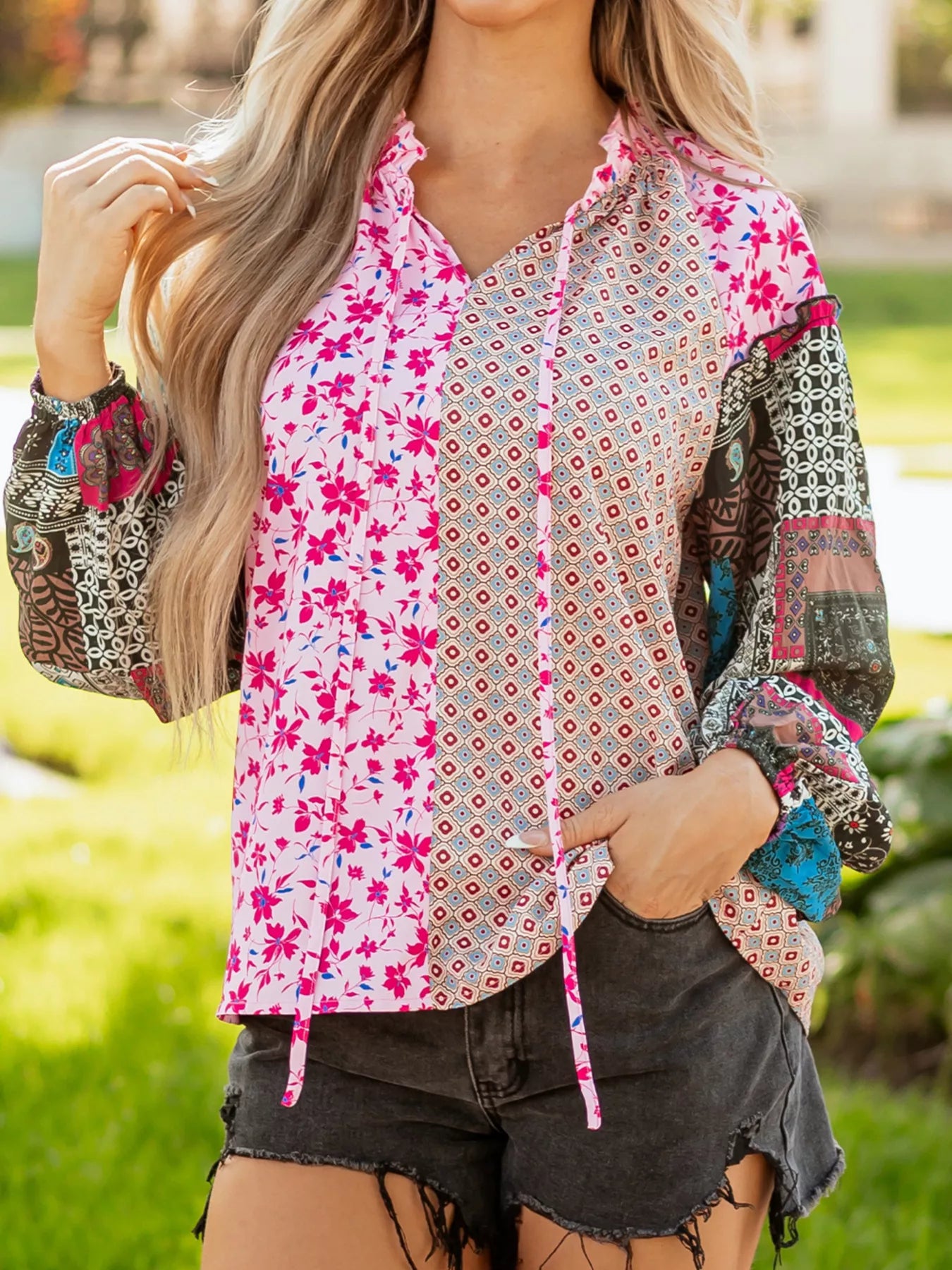 Boho Mixed Floral Drop Shoulder Bubble Sleeve Blouse OutfitFlow