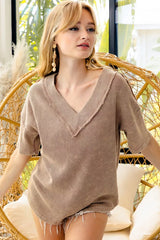 BiBi Mineral Washed V-Neck Cut Edge Detail Top OutfitFlow