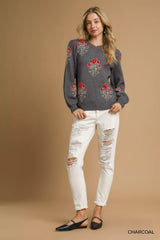 Umgee Single Flower Stem Jacquard Sweater OutfitFlow