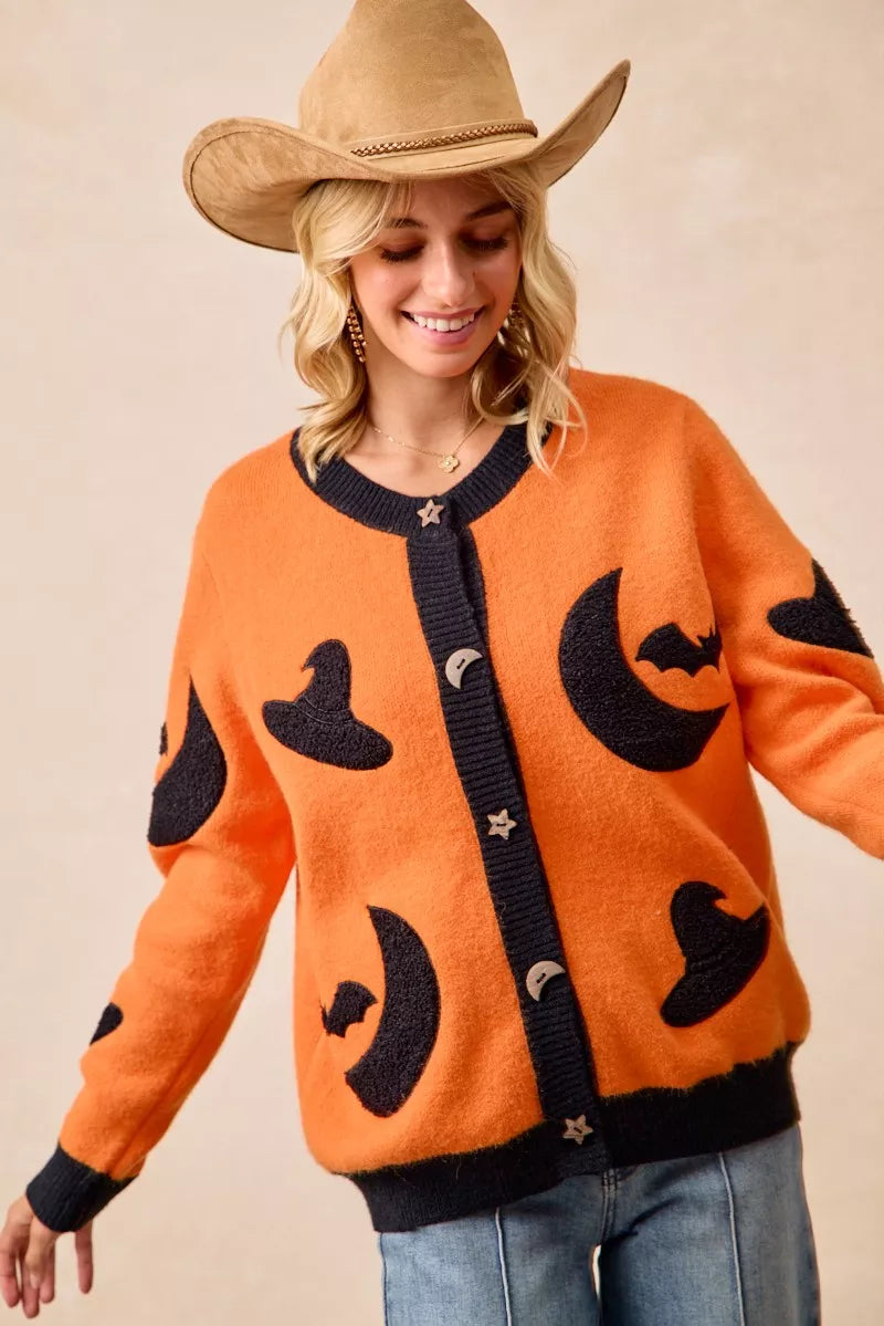 BiBi Halloween Witch Hat Moon Bat Artwork Cardigan Trendsi