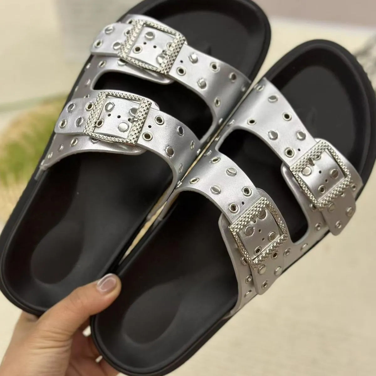 Double Buckle Open Toe Flat Sandals Silver OutfitFlow
