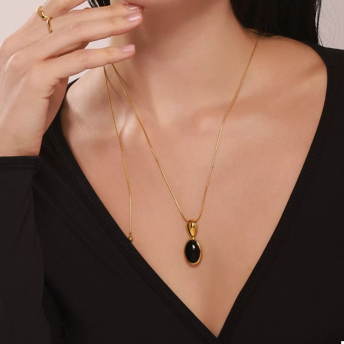 18K Gold-Plated Stainless Steel Necklace with Teardrop Pendant OutfitFlow