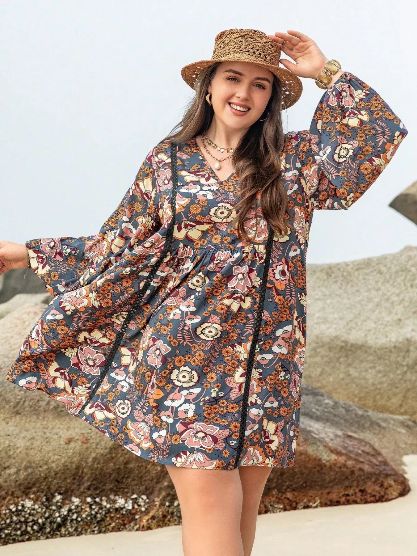 Plus Size Floral Print Long Sleeve Mini Dress OutfitFlow