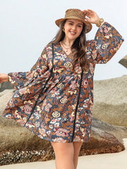 Plus Size Floral Print Long Sleeve Mini Dress OutfitFlow