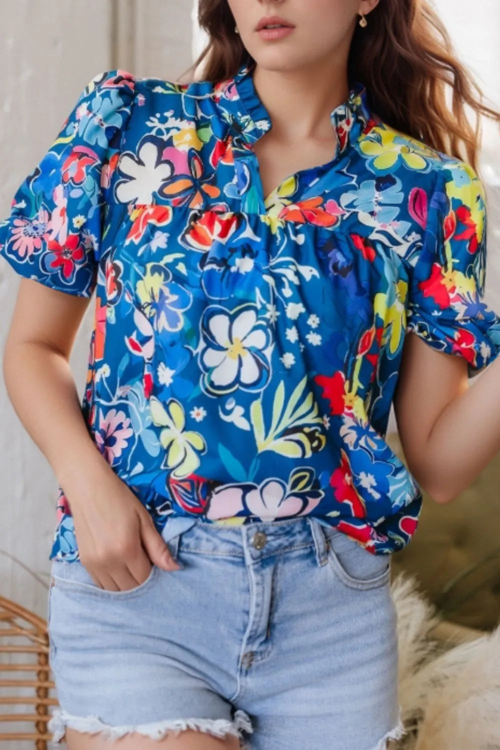 Floral Print Ruffle Sleeve Loose Blouse OutfitFlow