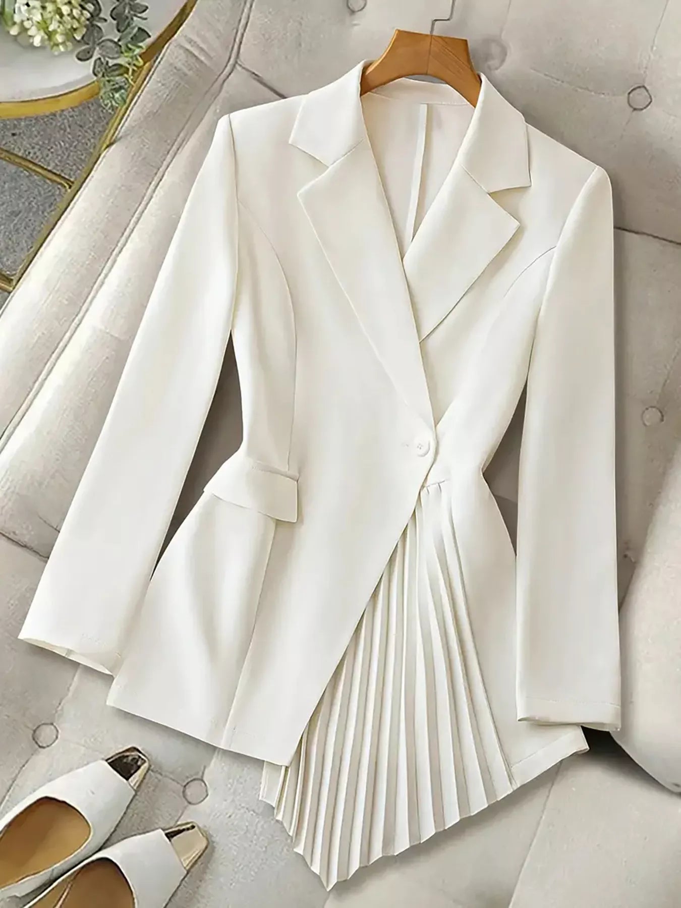 One Button Asymmetric Pleated Hem Blazer OutfitFlow