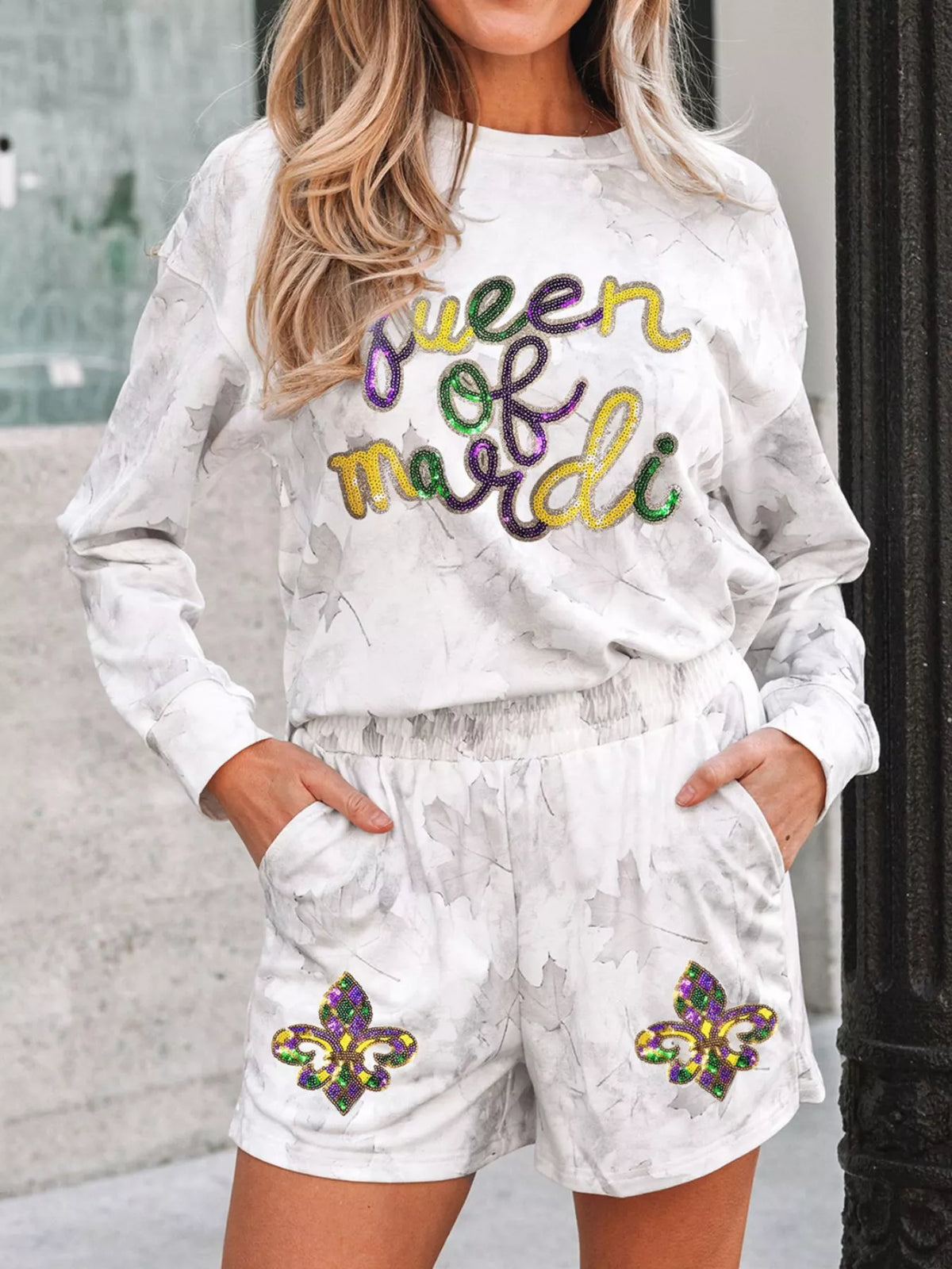Queen of Mardi Gras Top and Shorts Set White OutfitFlow