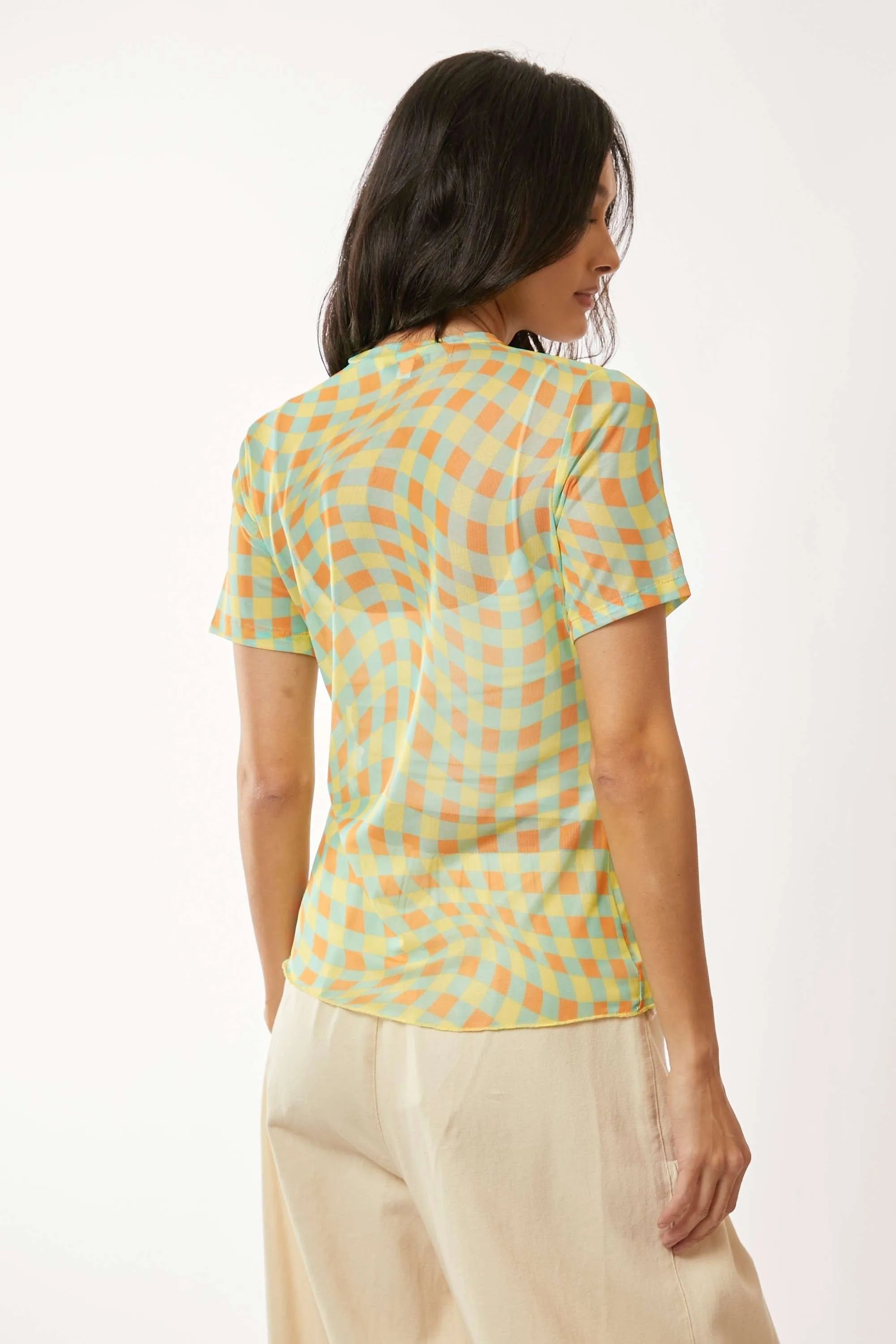 Davi & Dani Checker Board Printed Mesh Short Sleeve Top OutfitFlow