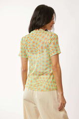 Davi & Dani Checker Board Printed Mesh Short Sleeve Top OutfitFlow