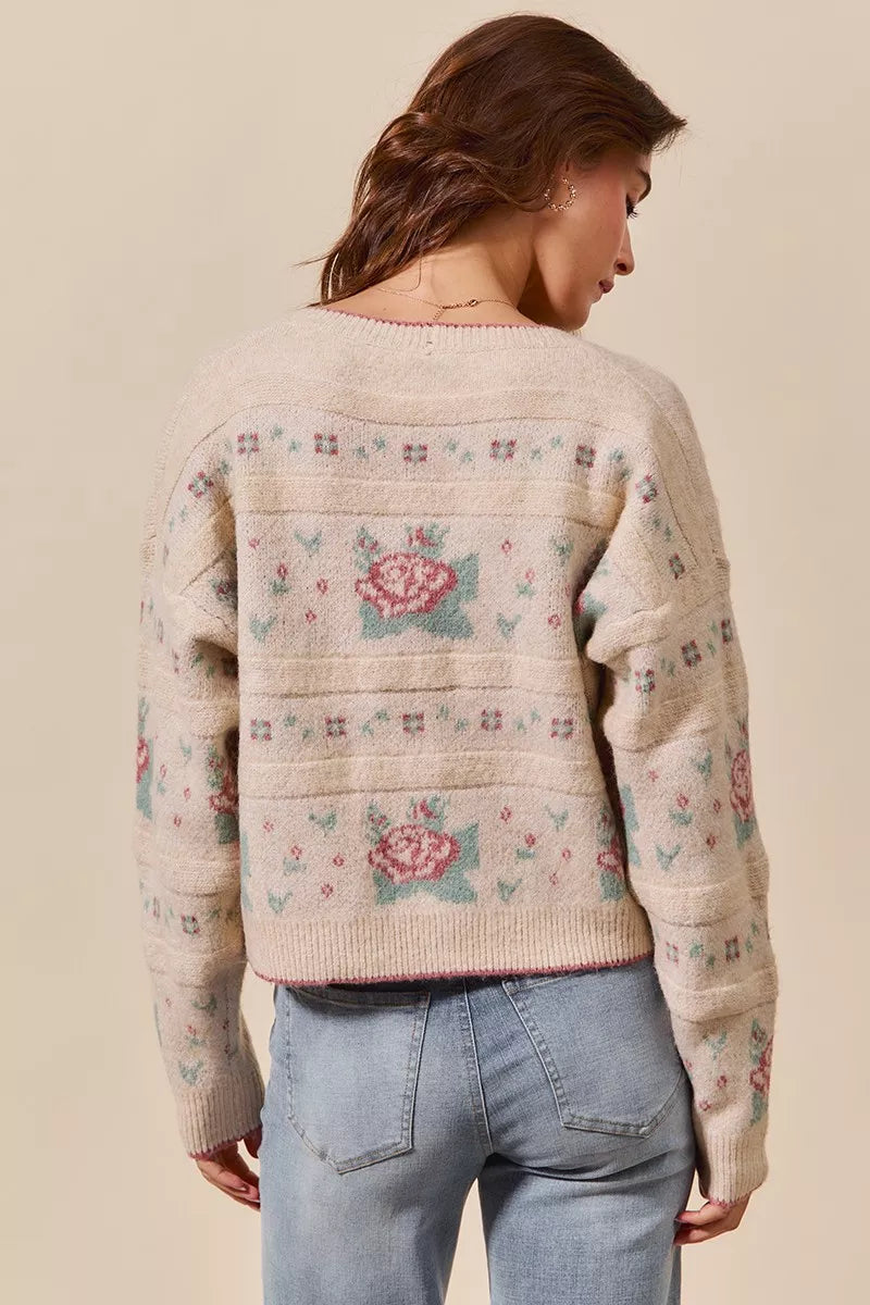 SO ME Floral Pattern Long Sleeve Button Sweater Cardigan OutfitFlow