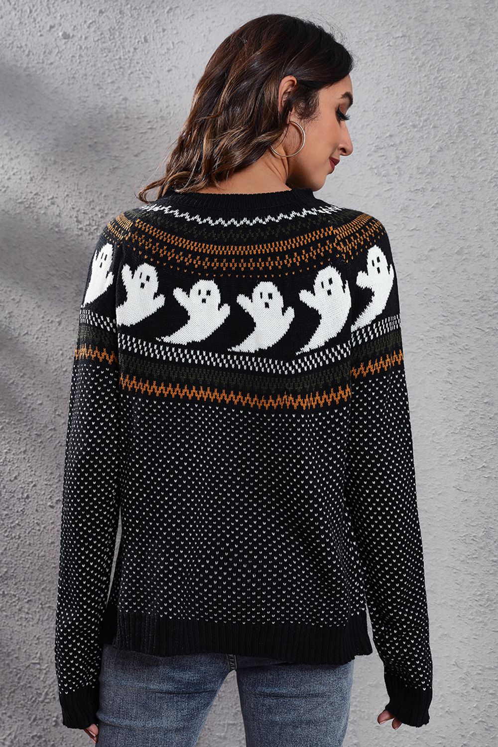 Ghost Pattern Round Neck Long Sleeve Sweater OutfitFlow