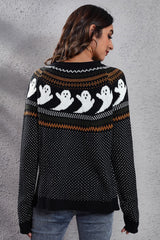 Ghost Pattern Round Neck Long Sleeve Sweater OutfitFlow