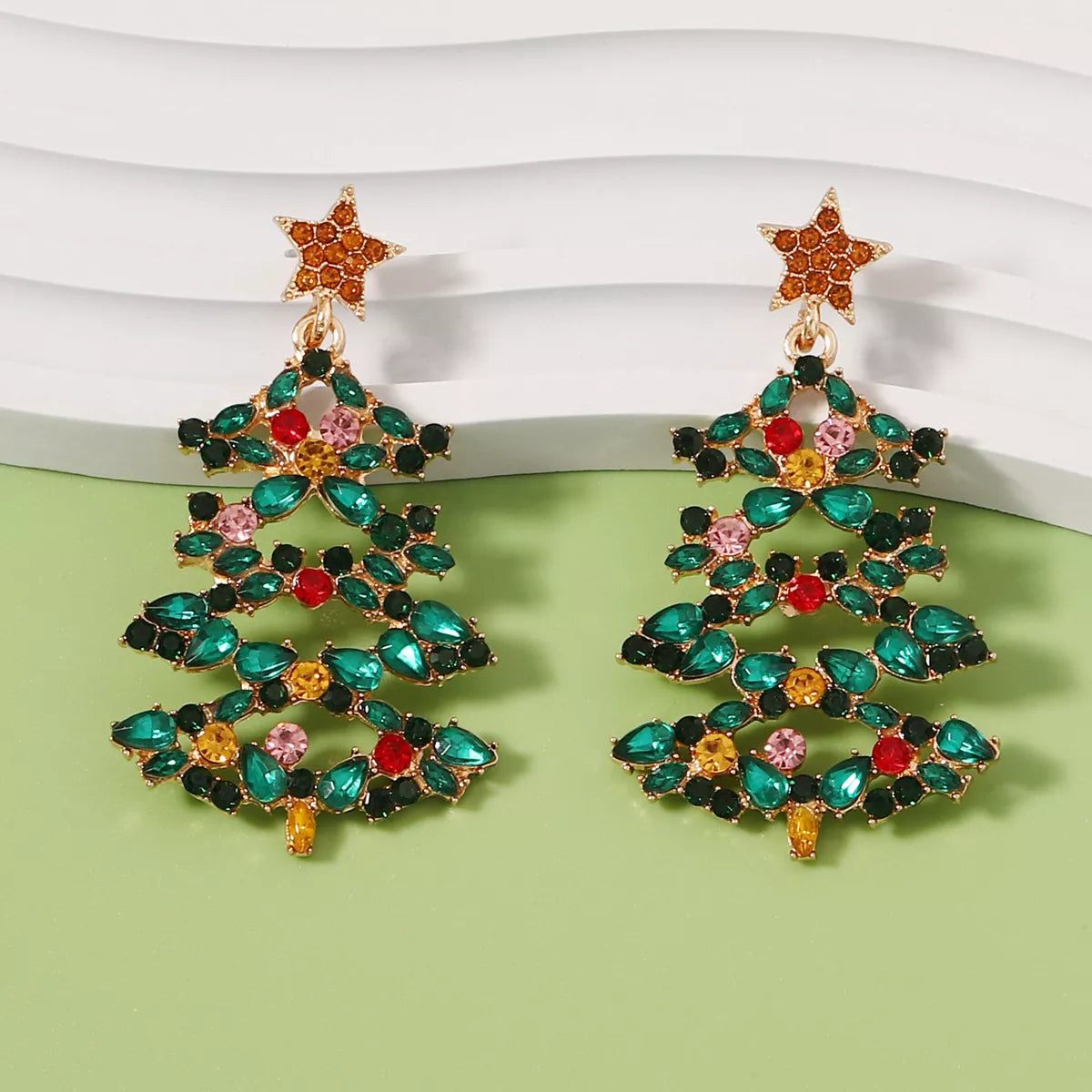 Christmas Tree Earrings with Rhinestones OutfitFlow