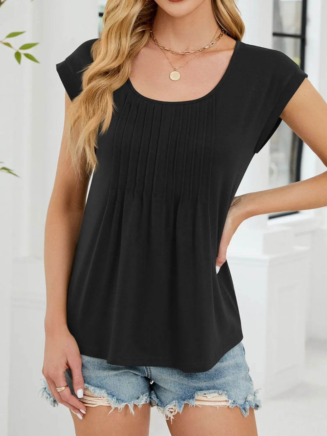 Pleated Front Scoop Neck T-Shirt Black OutfitFlow