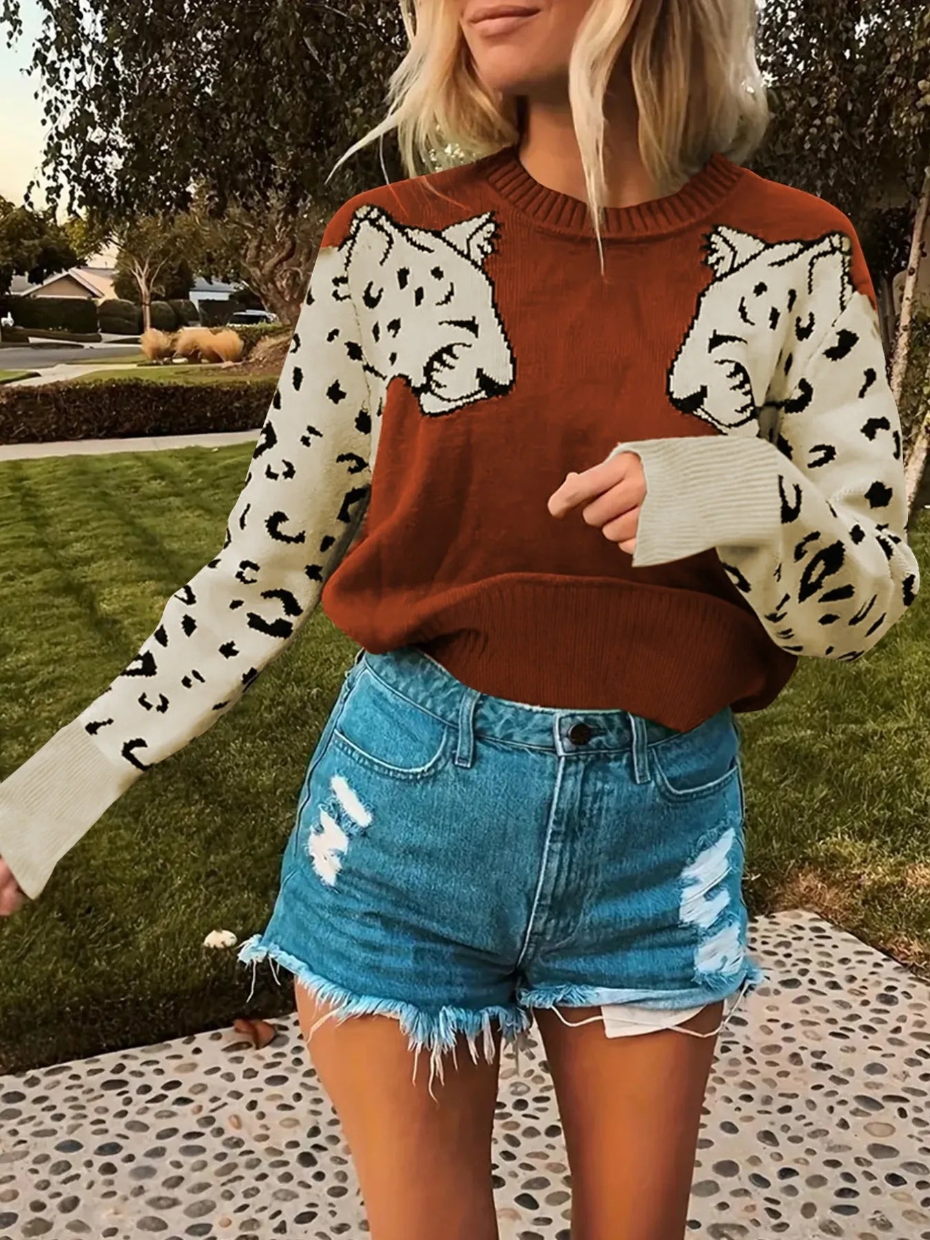 Leopard Round Neck Sweater Caramel OutfitFlow