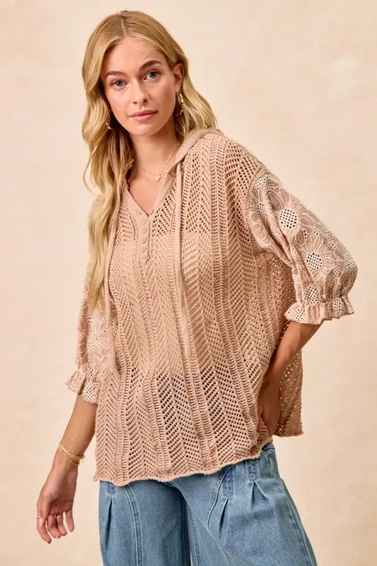 BiBi Jacquard Flower Puff Sleeve Hooded Knit Top OutfitFlow